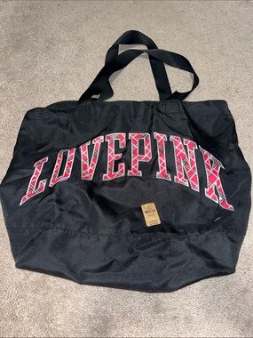 PINK Victoria's Secret Black Tote with Red Plaid LOVE PINK Logo